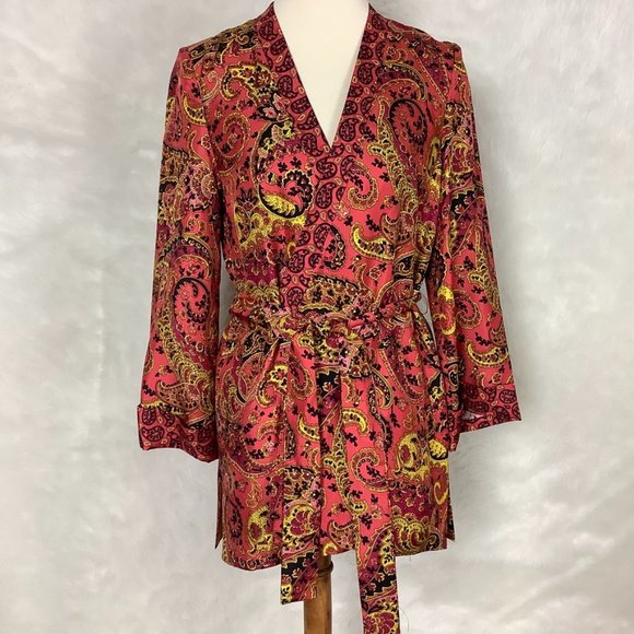 Kobi Halperin Red & Yellow Paisley Silk Josephine Belted Kimono Jacket S - Picture 1 of 7